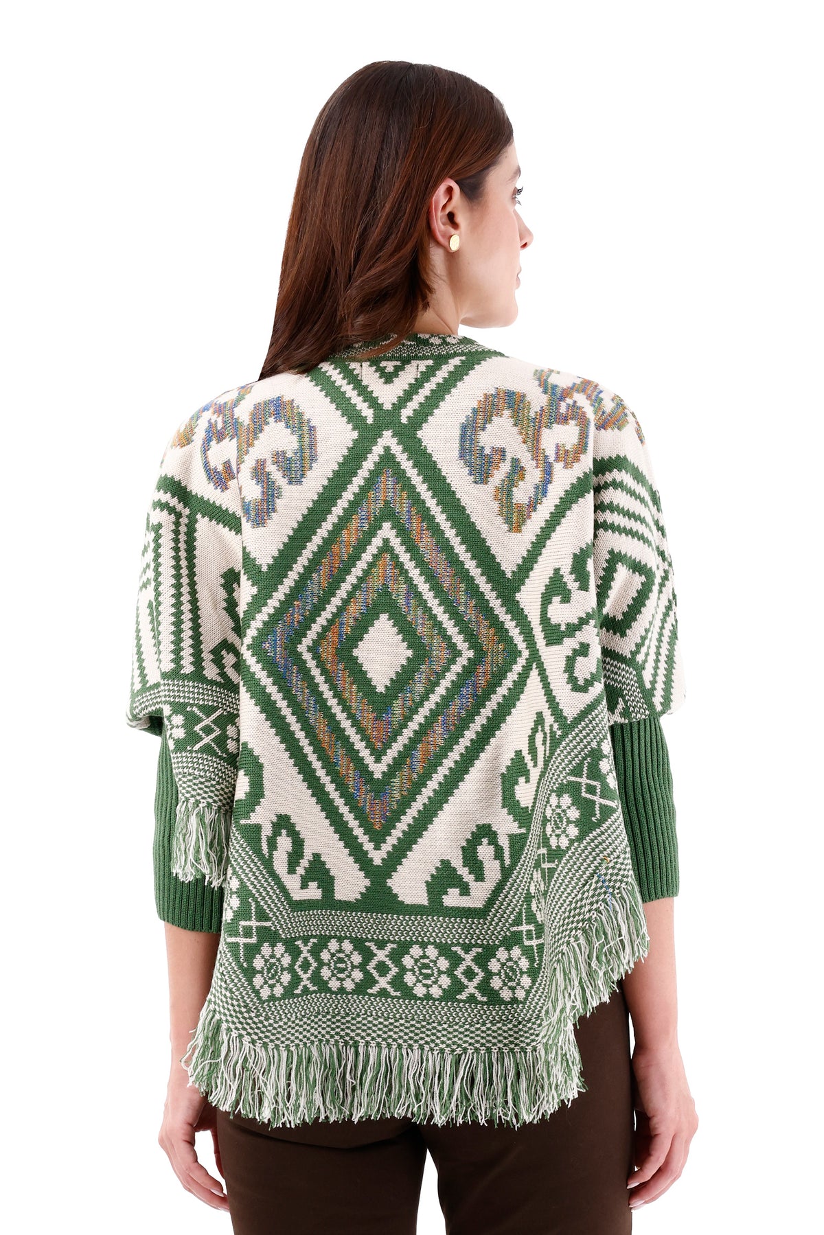 Ruana/Poncho Rombos Flecos Verde Oliva Para Mujer