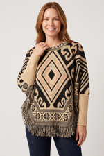 Ruana con Terminación en Flecos en Acrílico Camel para Mujer