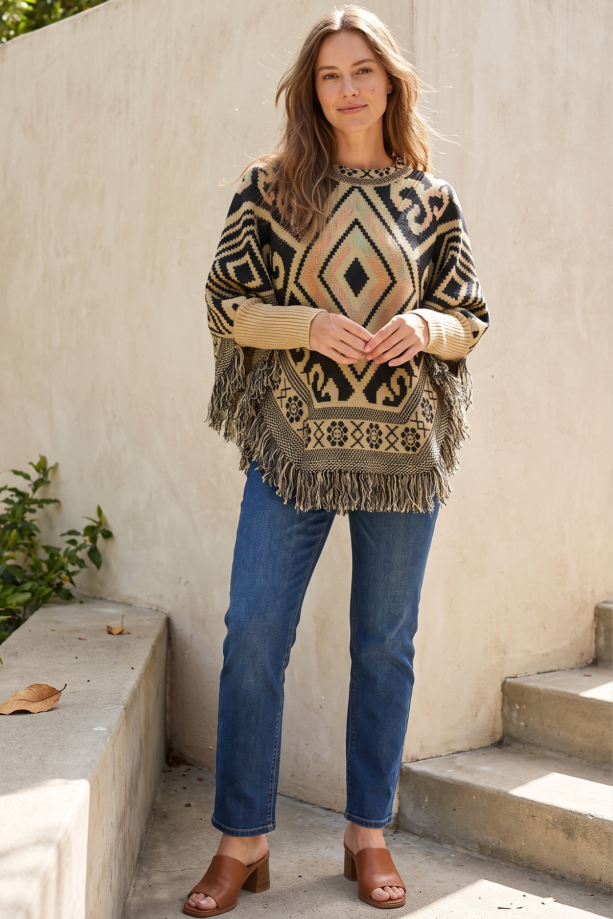 Ruana con Terminación en Flecos en Acrílico Camel para Mujer
