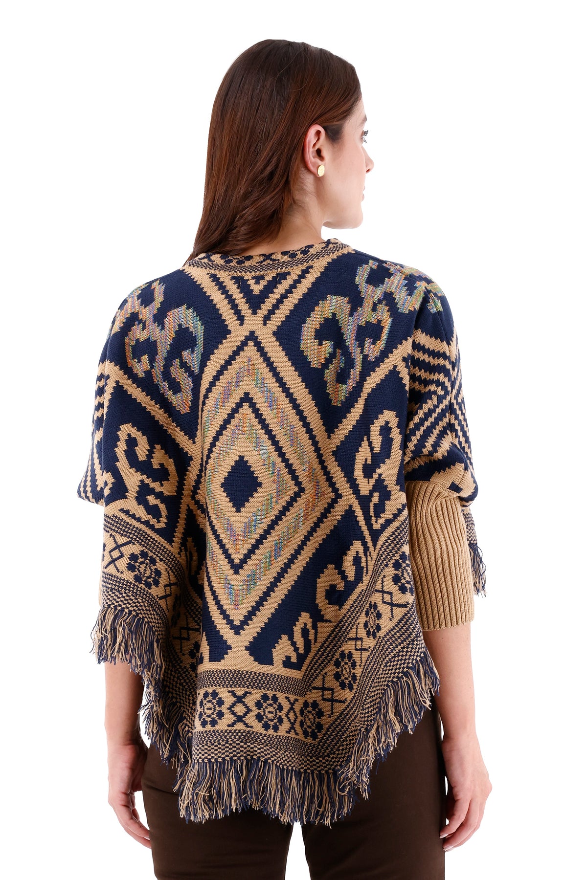 Ruana/Poncho Rombos Flecos Camel Para Mujer