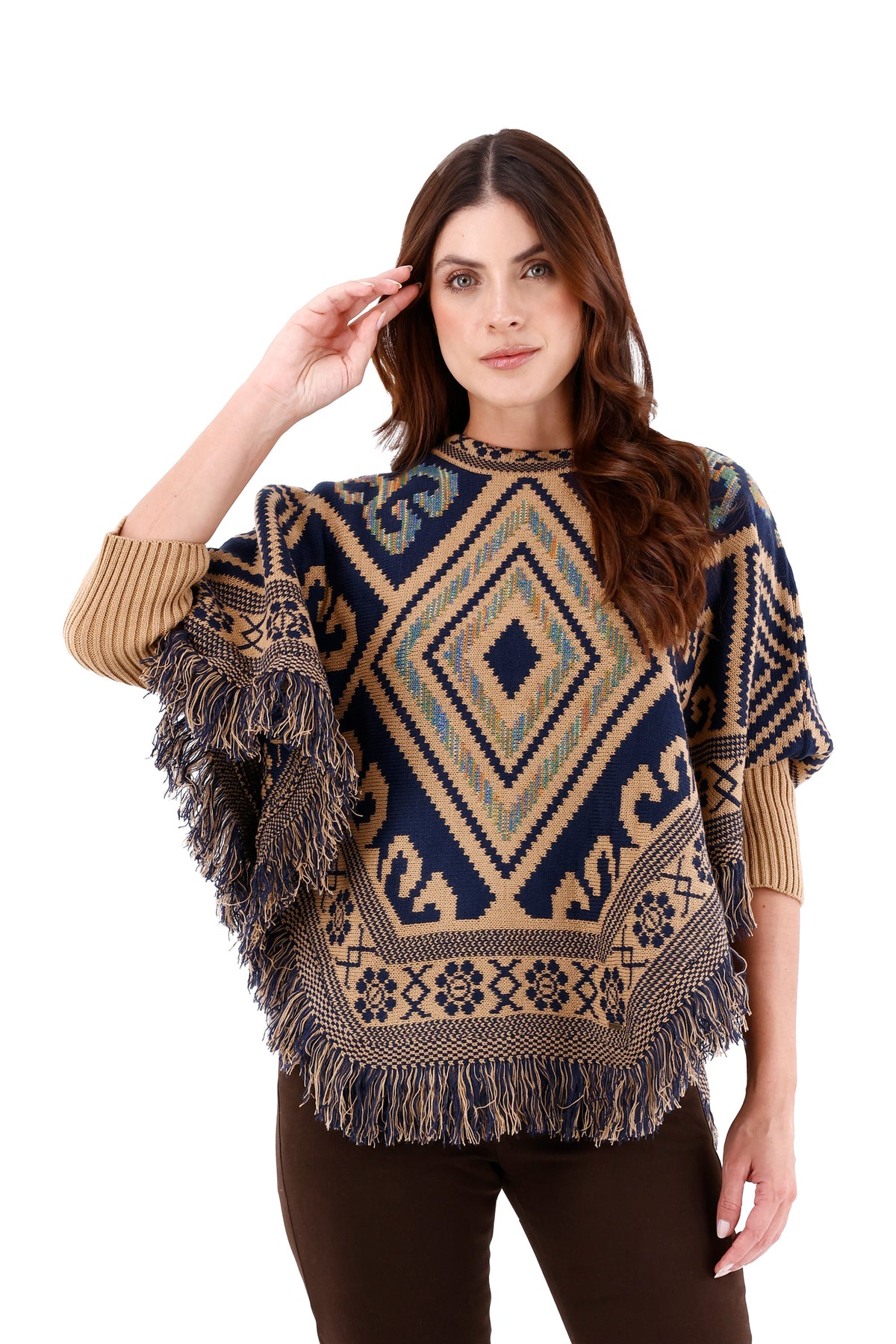 Ruana/Poncho Rombos Flecos Camel Para Mujer