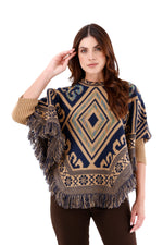 Ruana/Poncho Rombos Flecos Camel Para Mujer