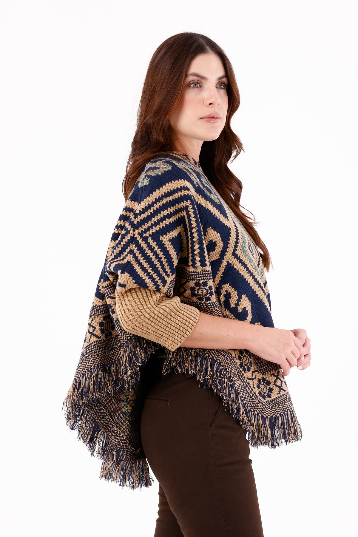 Ruana/Poncho Rombos Flecos Camel Para Mujer