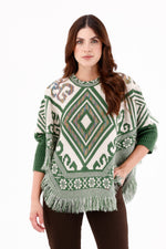 Ruana/Poncho Rombos Flecos Verde Oliva Para Mujer