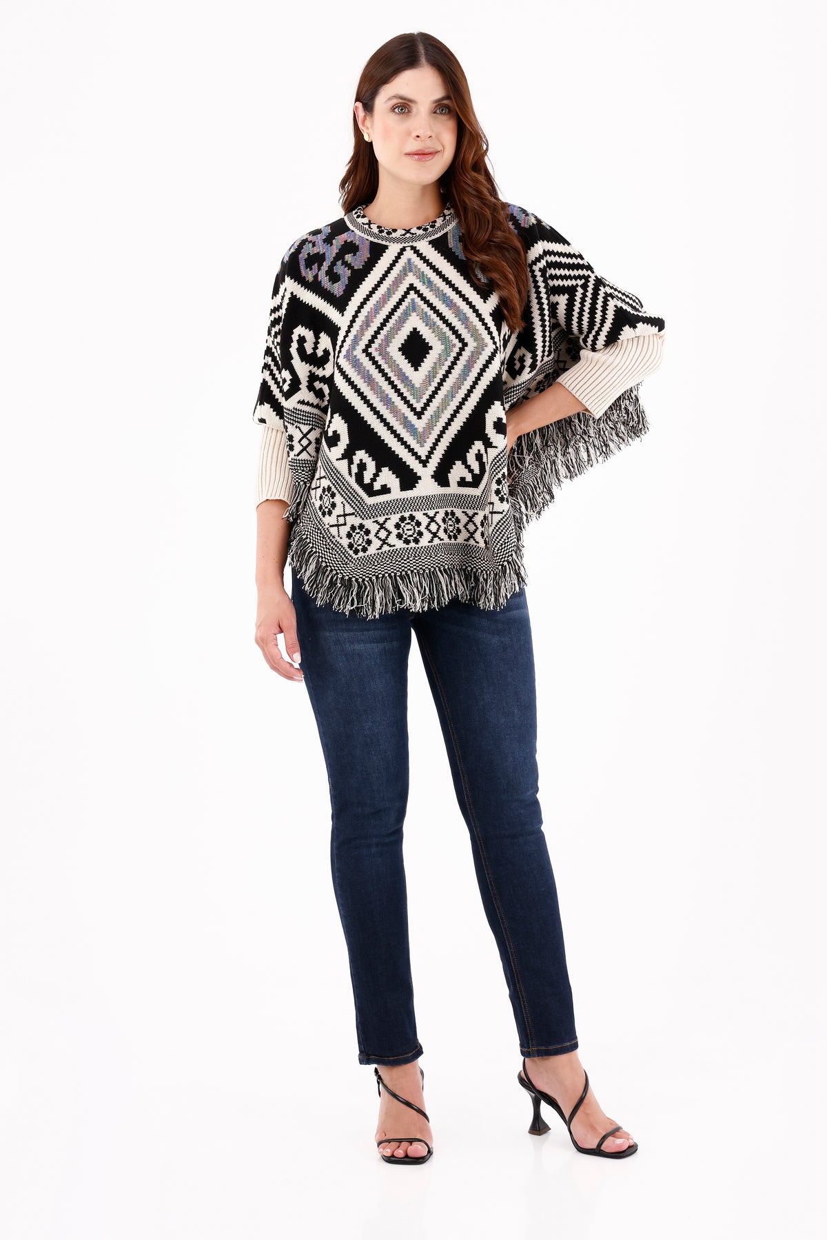 Ruana/Poncho Rombos Flecos Beige Para Mujer