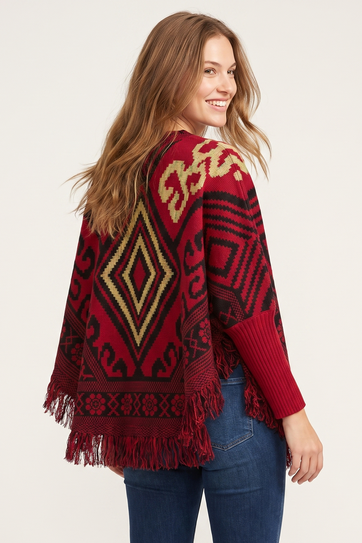Ruana en tejido artesanal para mujer rojo