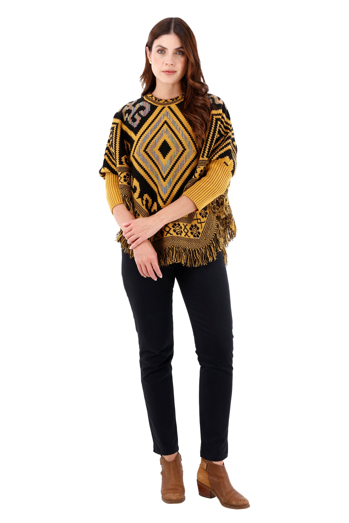 Ruana/Poncho Rombos Flecos Mostaza Para Mujer