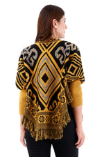 Ruana/Poncho Rombos Flecos Mostaza Para Mujer