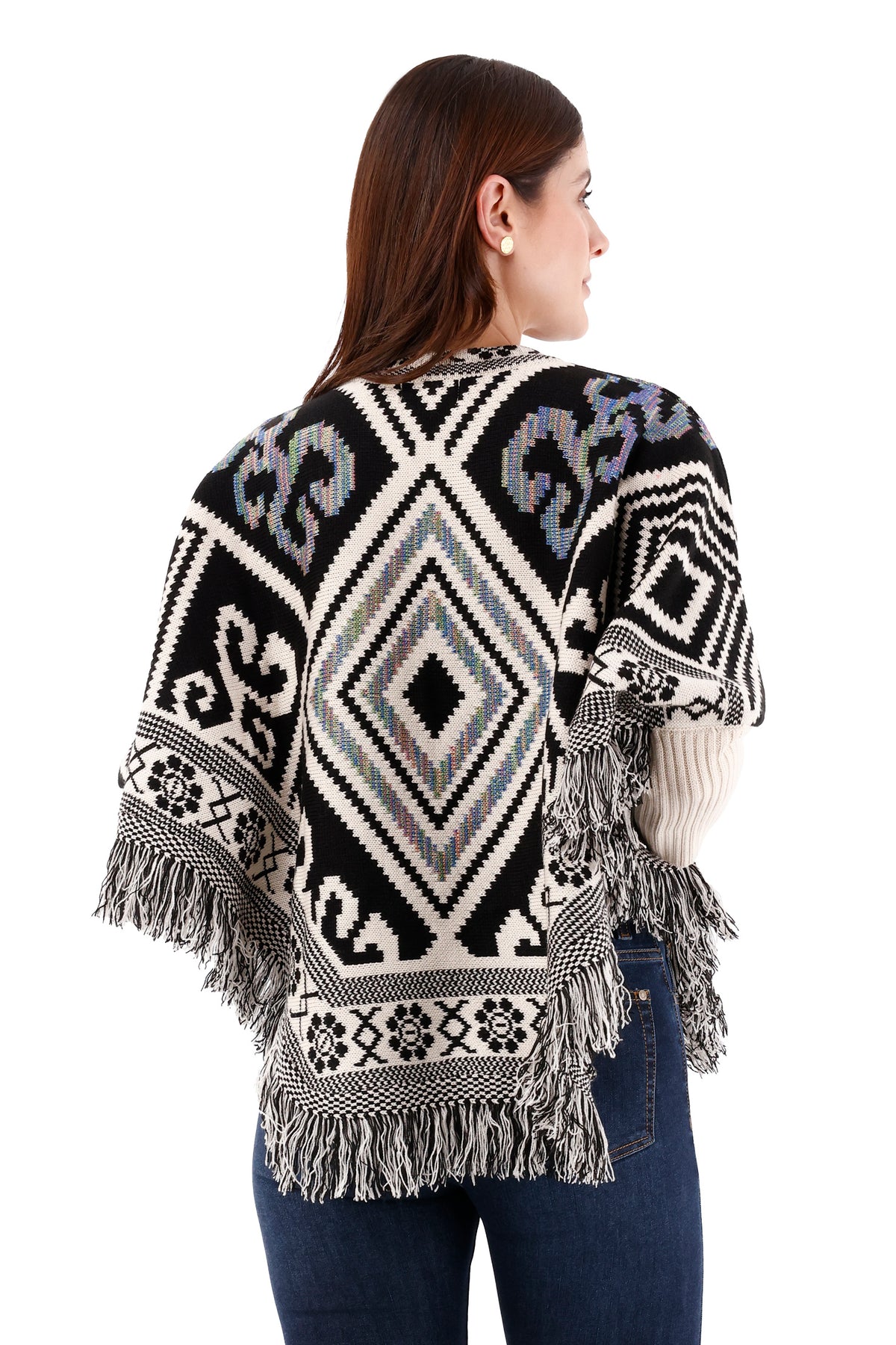 Ruana/Poncho Rombos Flecos Beige Para Mujer