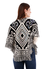 Ruana/Poncho Rombos Flecos Beige Para Mujer