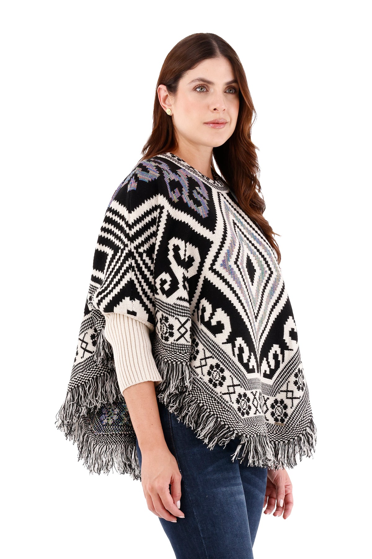 Ruana/Poncho Rombos Flecos Beige Para Mujer