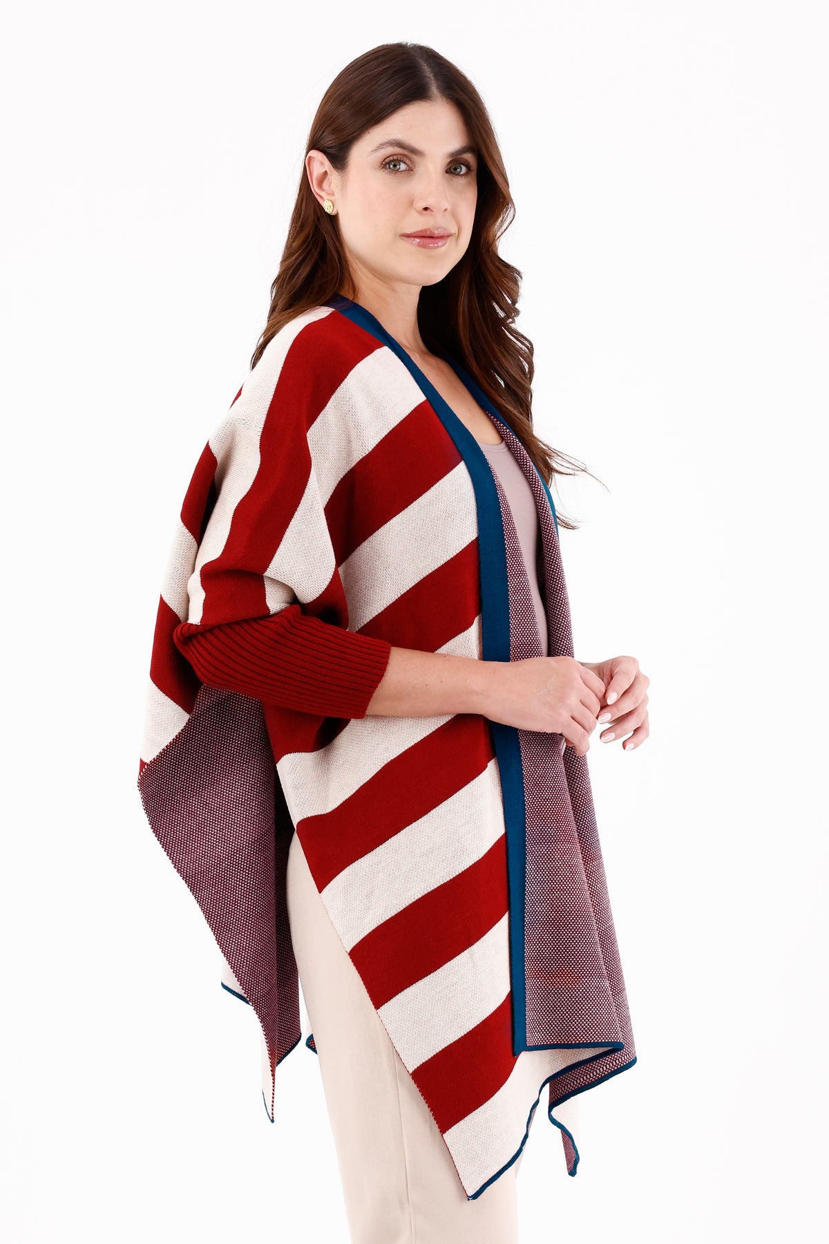 Ruana/Poncho Manga Rayas Roja para mujer