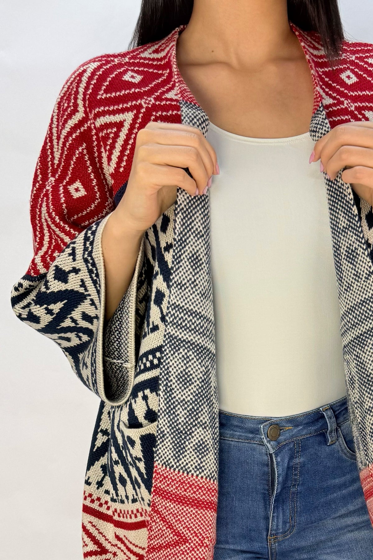 Ruana Manga Corta Bolsillos Rombos Azul Oscuro