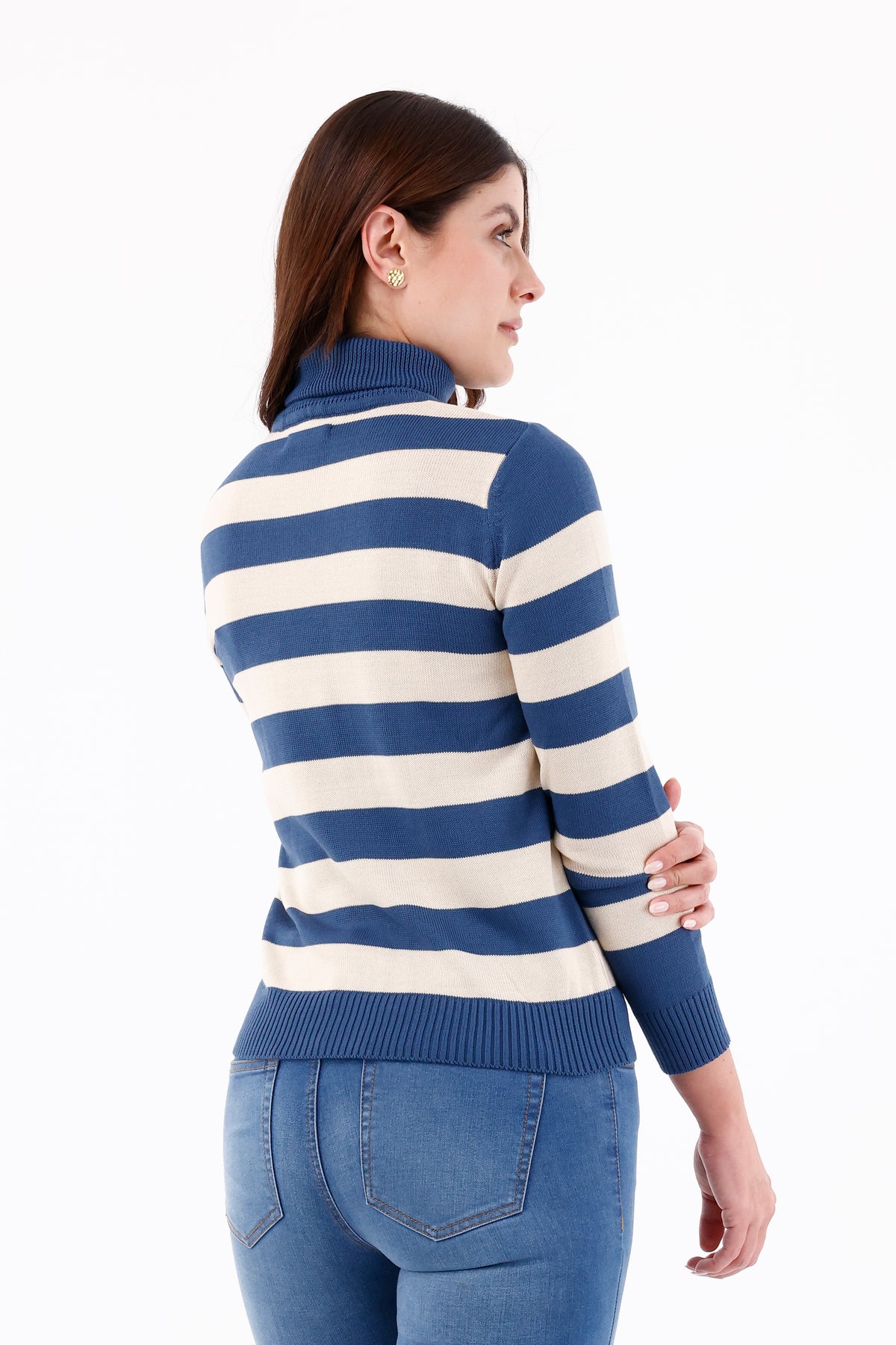 Camisa Cuello Tortuga Manga Larga Rayas Azul Petróleo Para Mujer