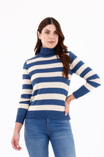 Camisa Cuello Tortuga Manga Larga Rayas Azul Petróleo Para Mujer