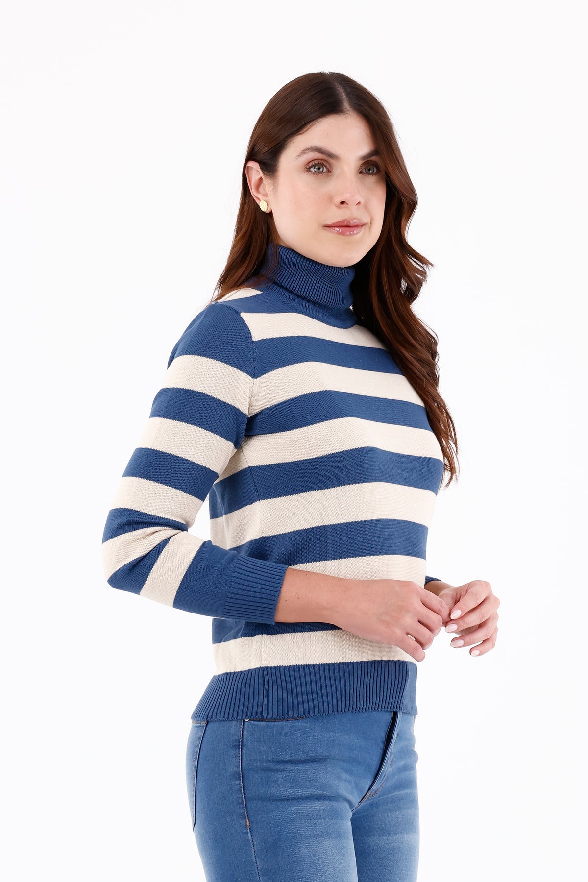 Camisa Cuello Tortuga Manga Larga Rayas Azul Petróleo Para Mujer