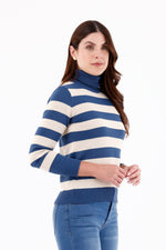 Camisa Cuello Tortuga Manga Larga Rayas Azul Petróleo Para Mujer