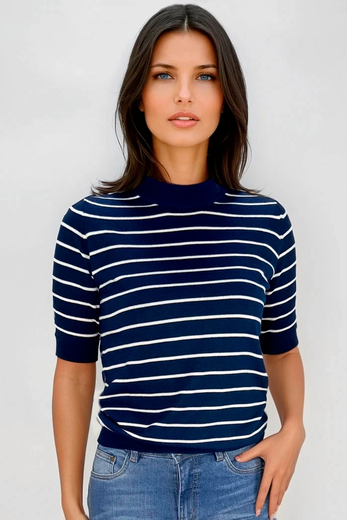 Camiseta Manga Corta Cuello Redondo Rayas Azul Oscuro