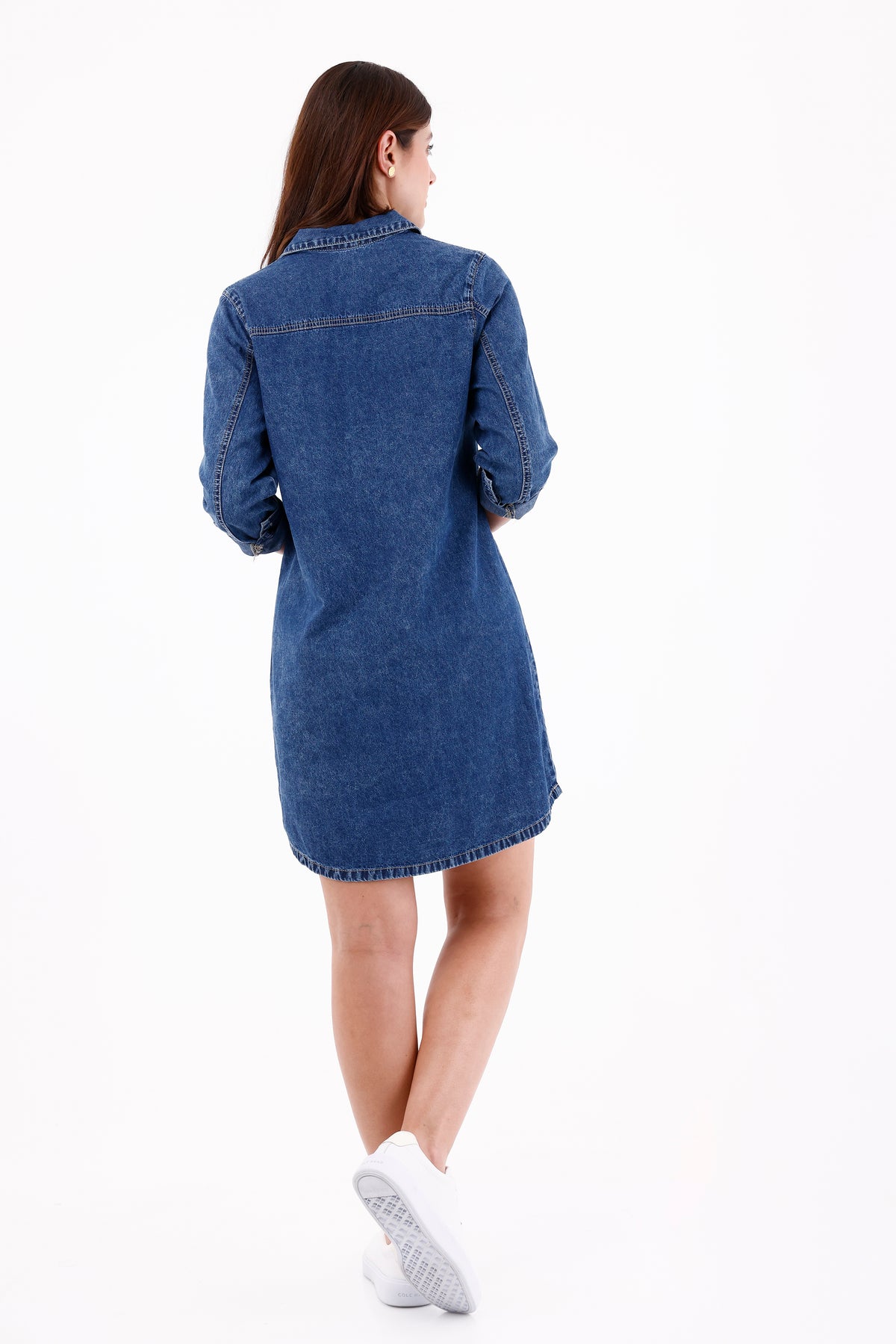 Vestido Manga Larga Índigo Botones Azul Medio Para Mujer