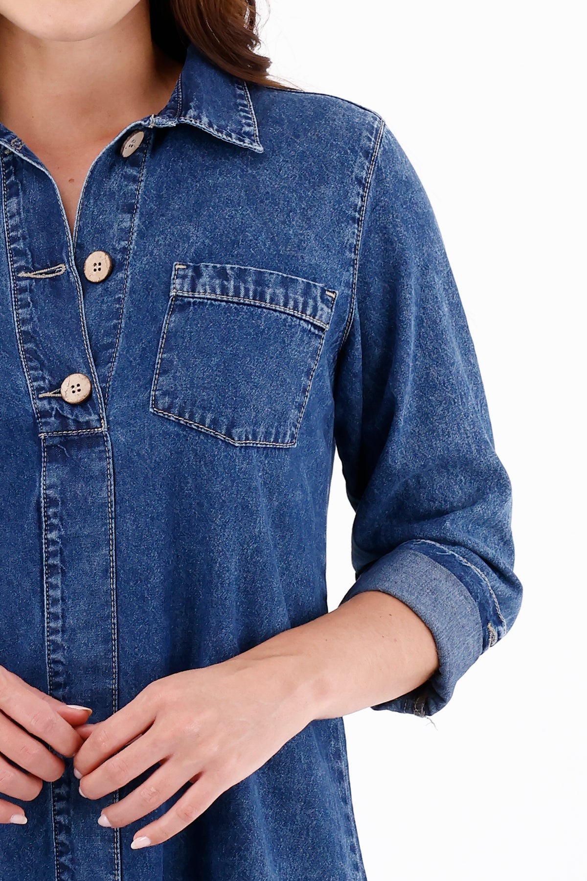 Vestido Manga Larga Índigo Botones Azul Medio Para Mujer