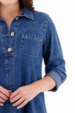 Vestido Manga Larga Índigo Botones Azul Medio Para Mujer