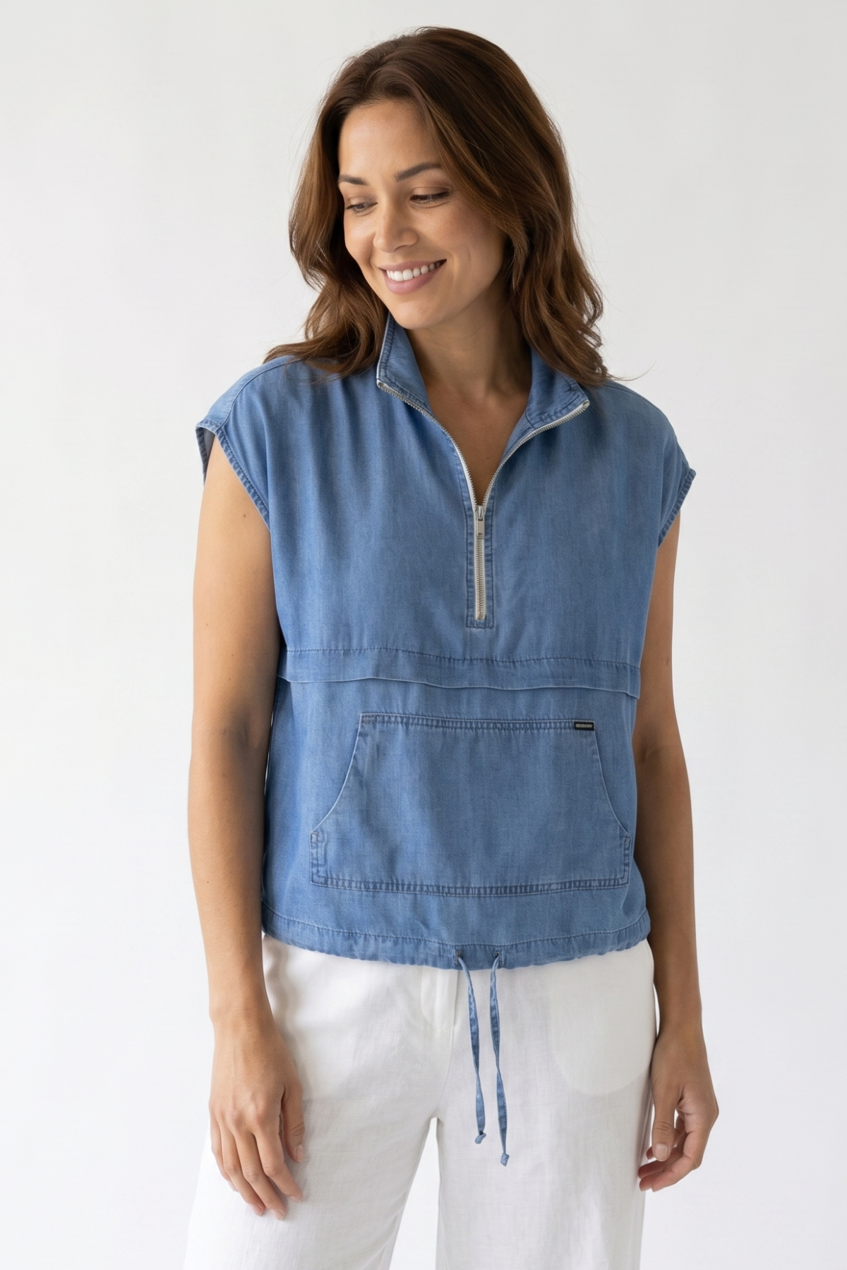 Blusa Casual Azul Medio en Chambray para Mujer