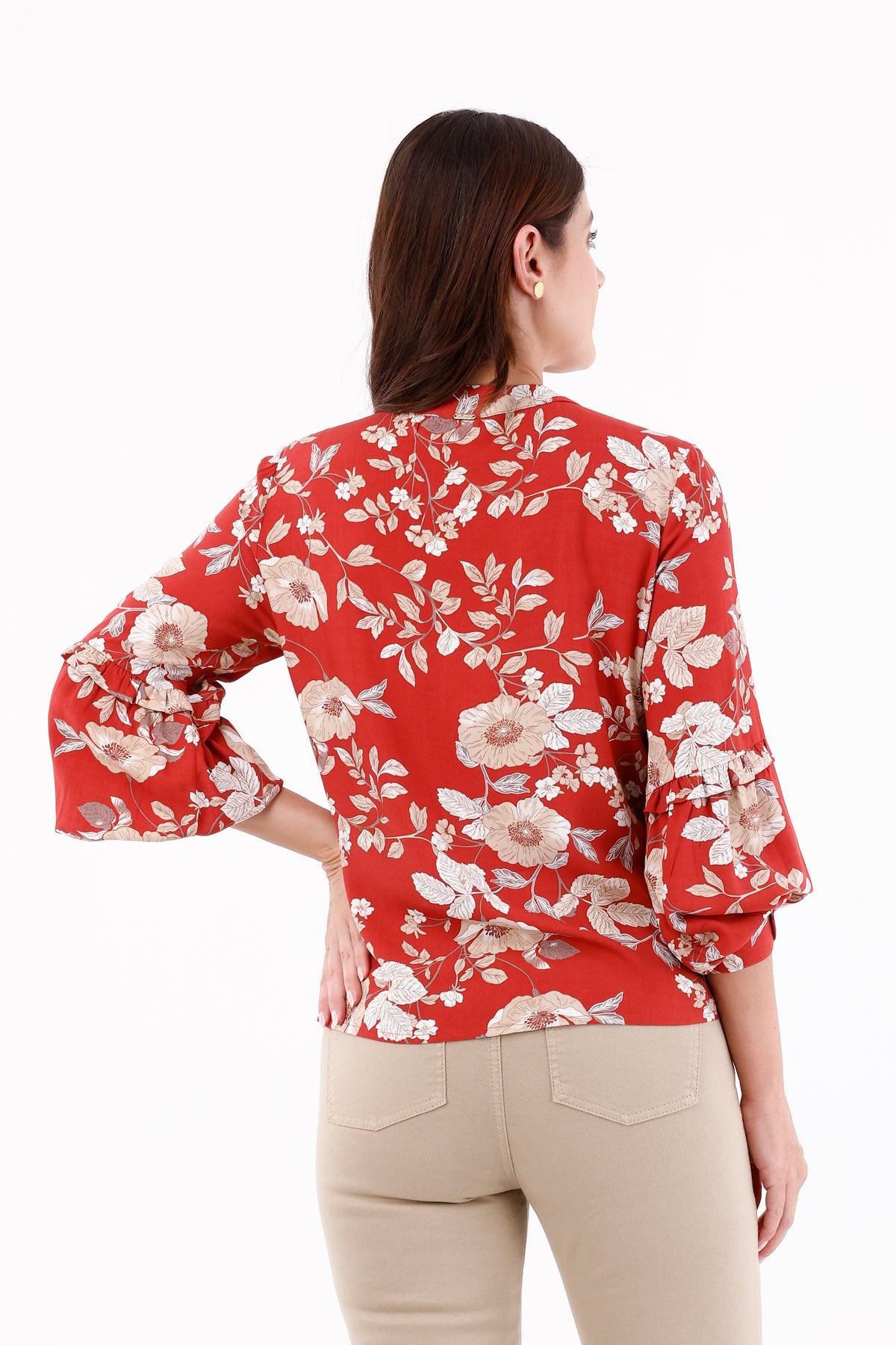 Blusa Manga Larga Corte Flores Terracota Para Mujer