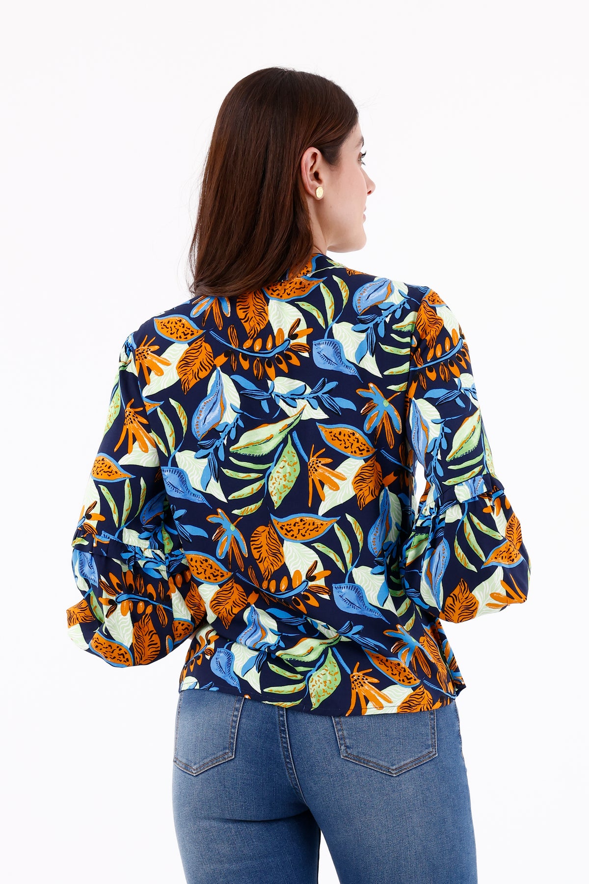 Blusa Manga Larga Corte Hojas Azul Oscuro Para Mujer