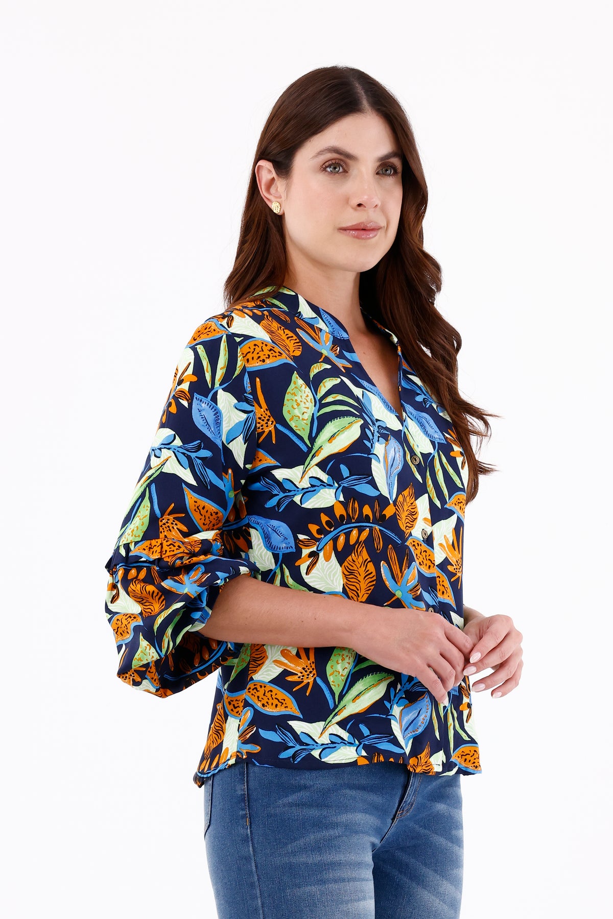 Blusa Manga Larga Corte Hojas Azul Oscuro Para Mujer