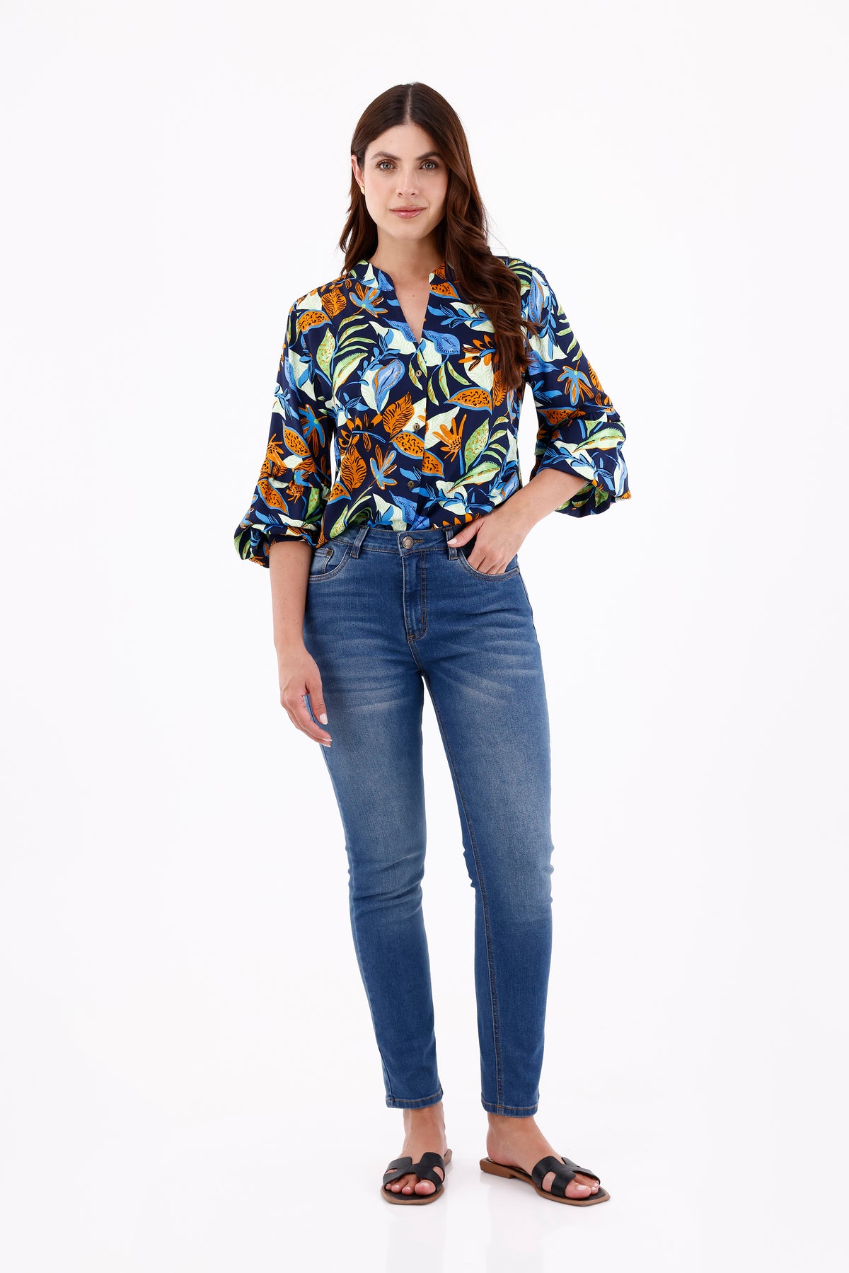 Blusa Manga Larga Corte Hojas Azul Oscuro Para Mujer