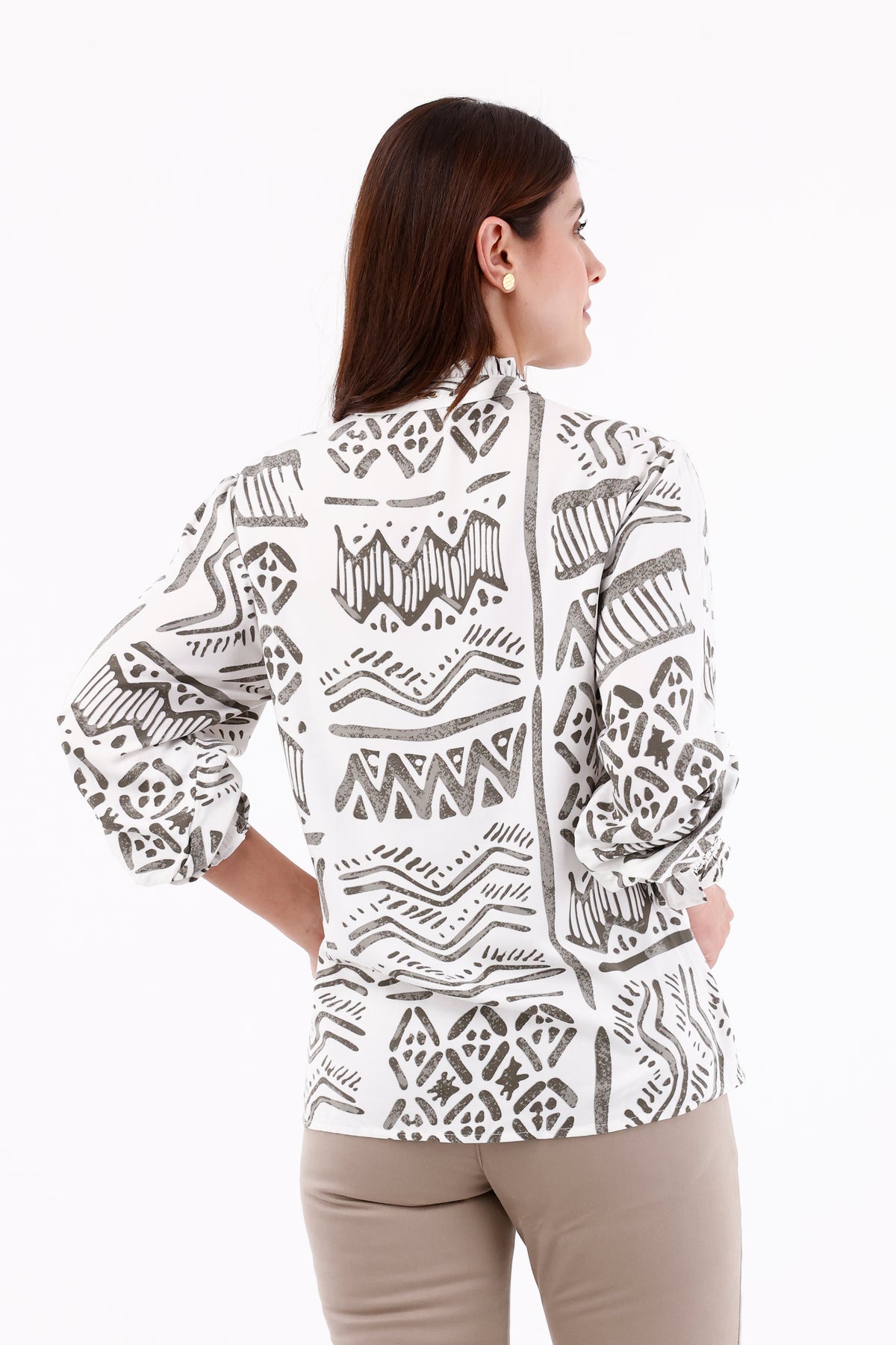 Blusa Manga Larga Cuello Ruched Figuras Blanco Para Mujer