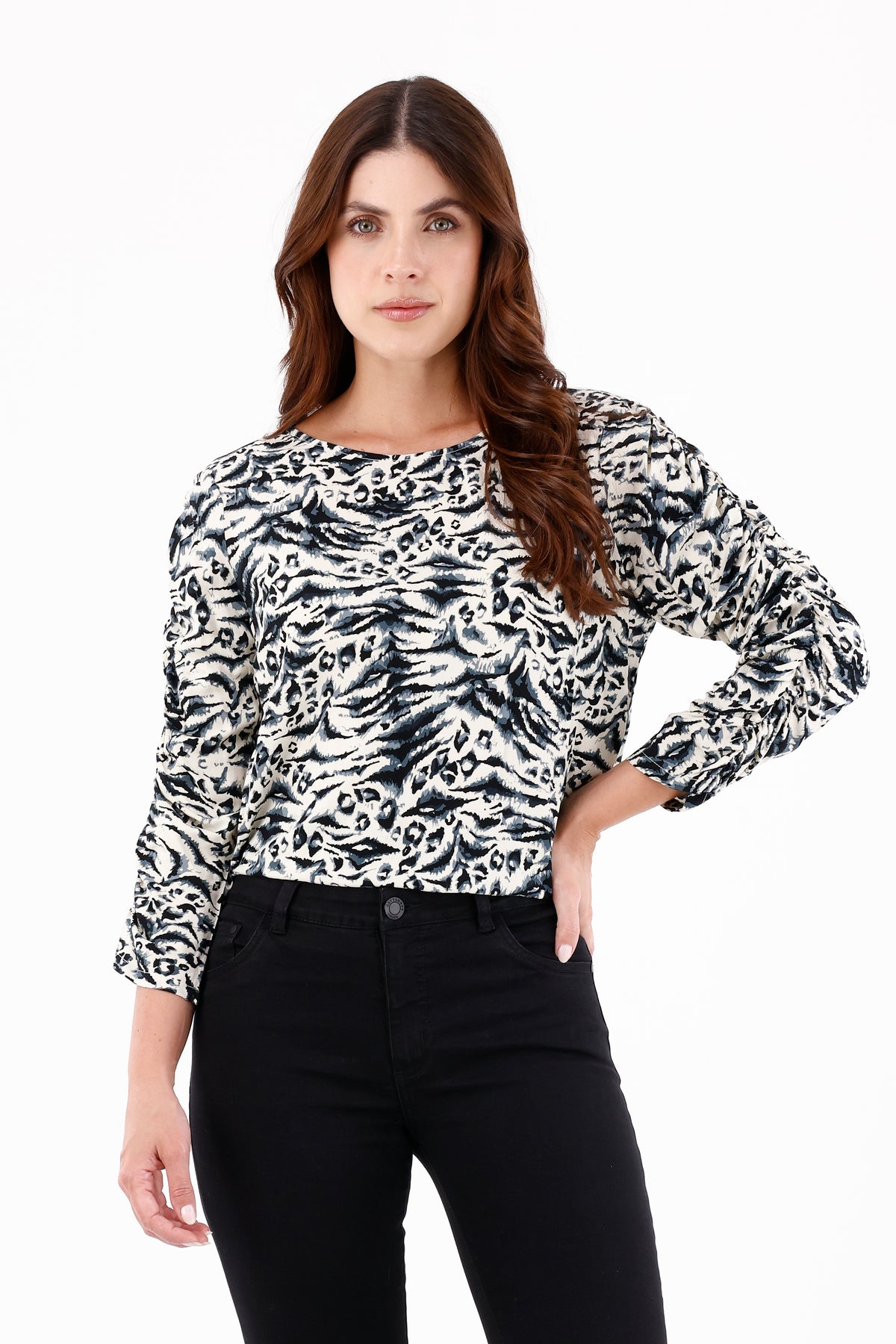 Blusa Manga Recogida Étnica Crudo Para Mujer