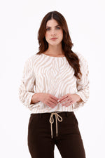 Blusa Manga Larga Recogida Étnica Beige Para Mujer