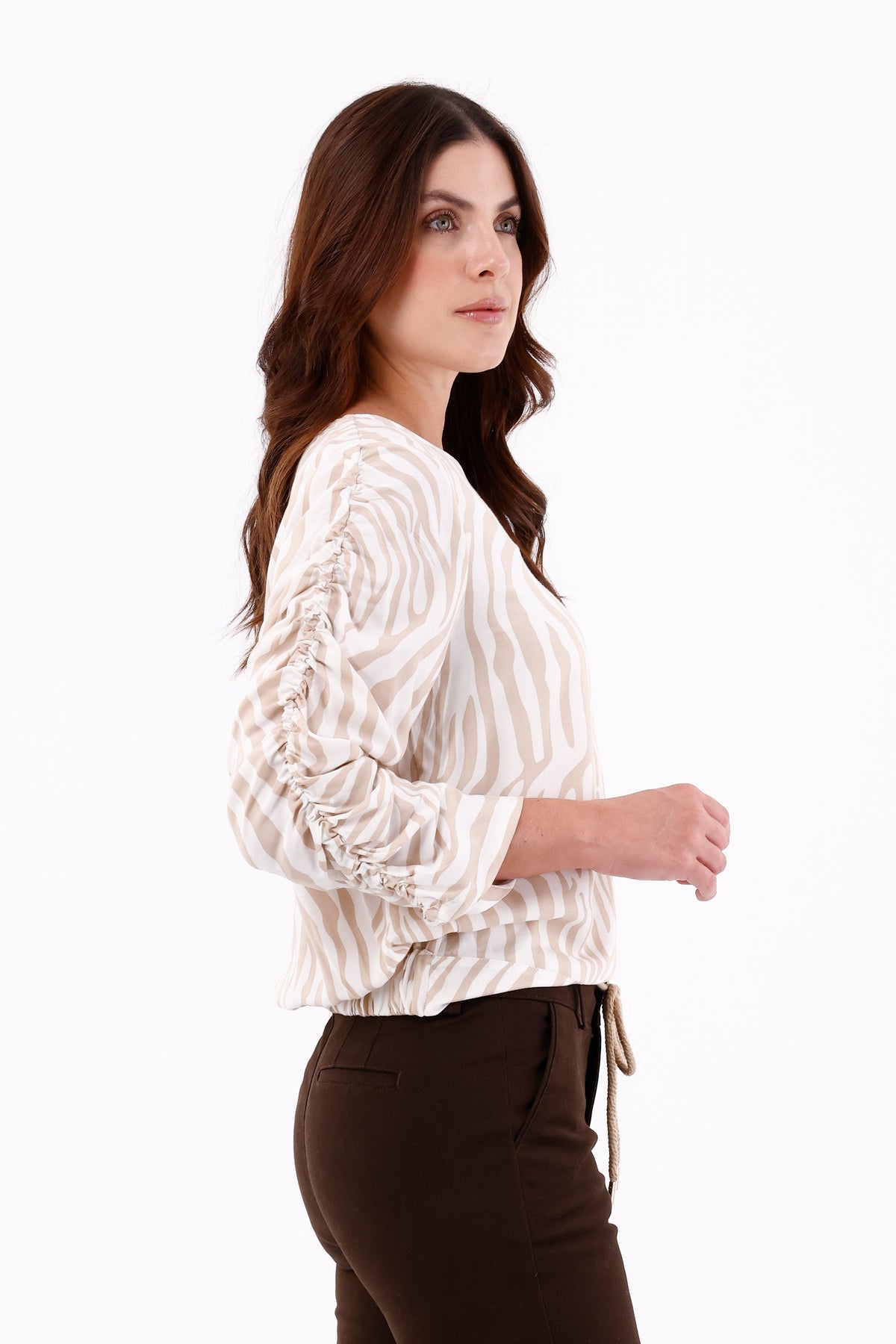 Blusa Manga Larga Recogida Étnica Beige Para Mujer