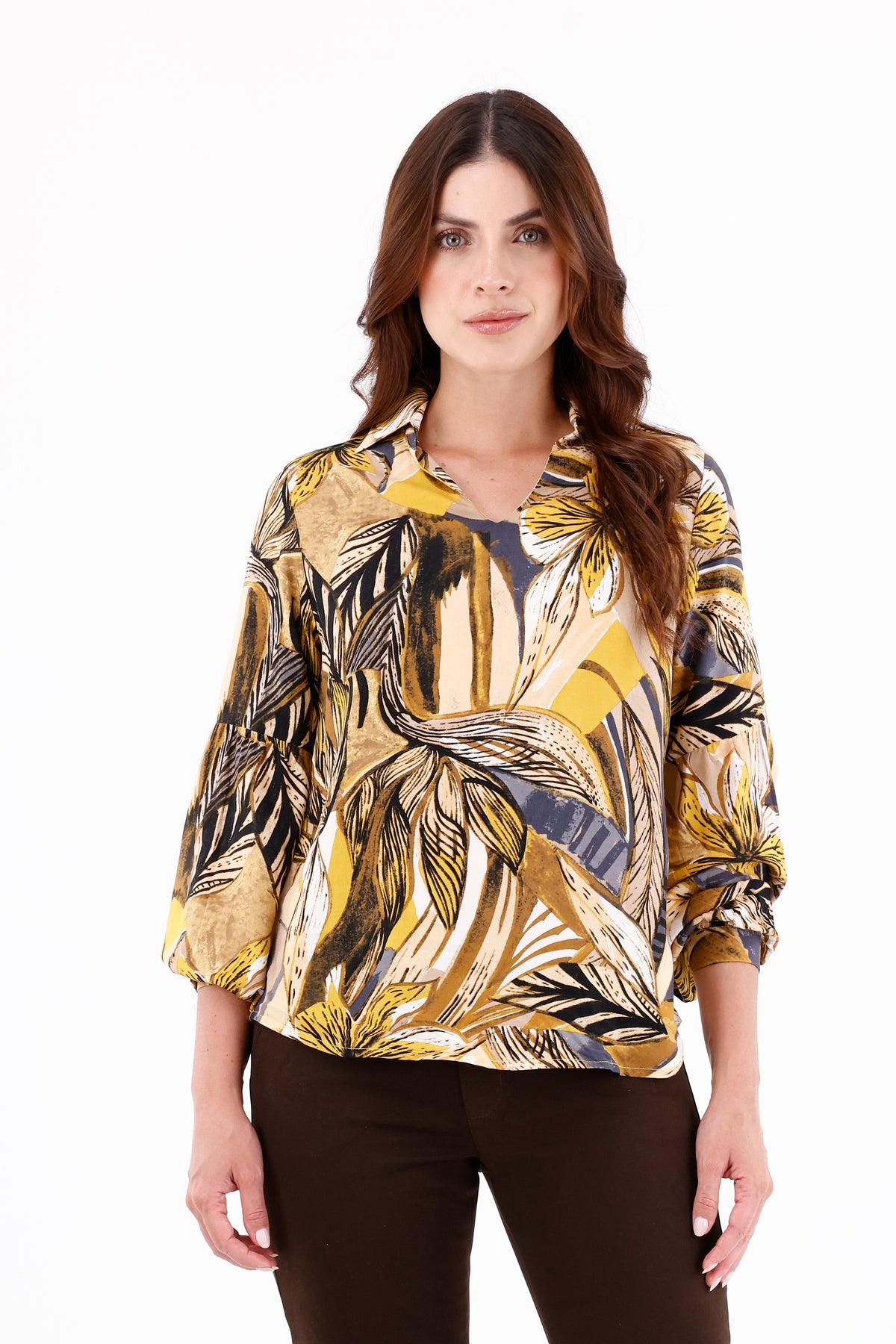 Blusa Manga Larga Hojas Grandes Mostaza Para Mujer