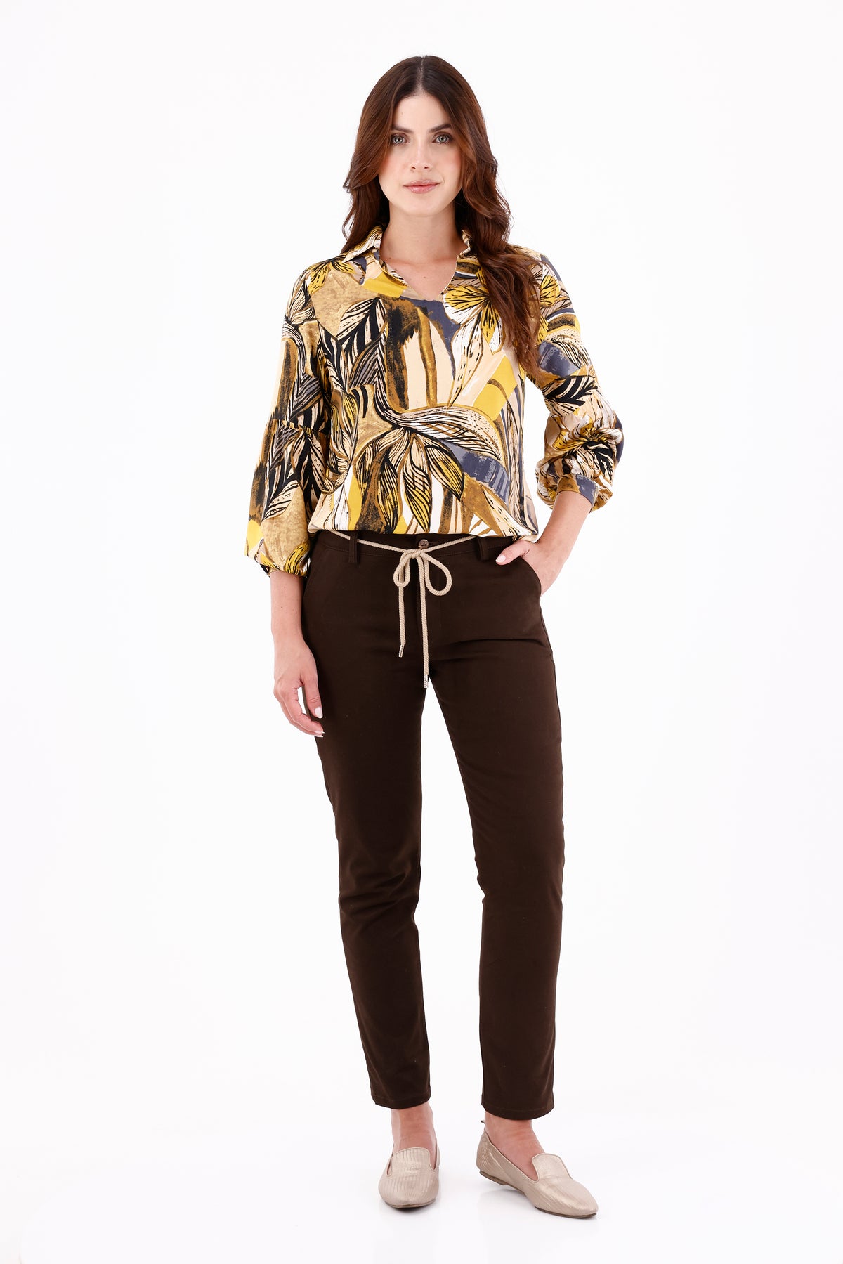 Blusa Manga Larga Hojas Grandes Mostaza Para Mujer