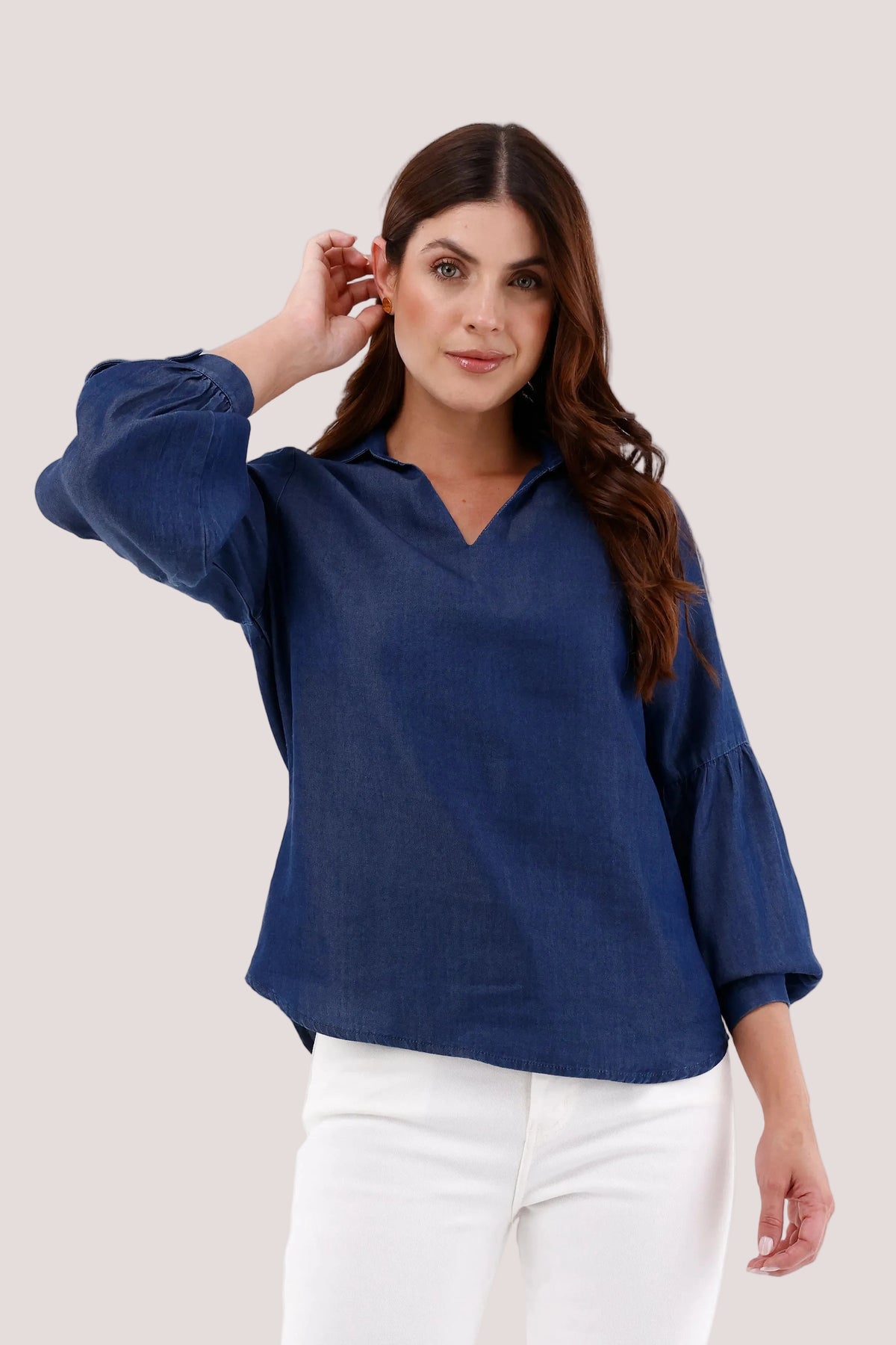 Blusa Manga Larga Bombacha Tencel Azul Oscuro Para Mujer