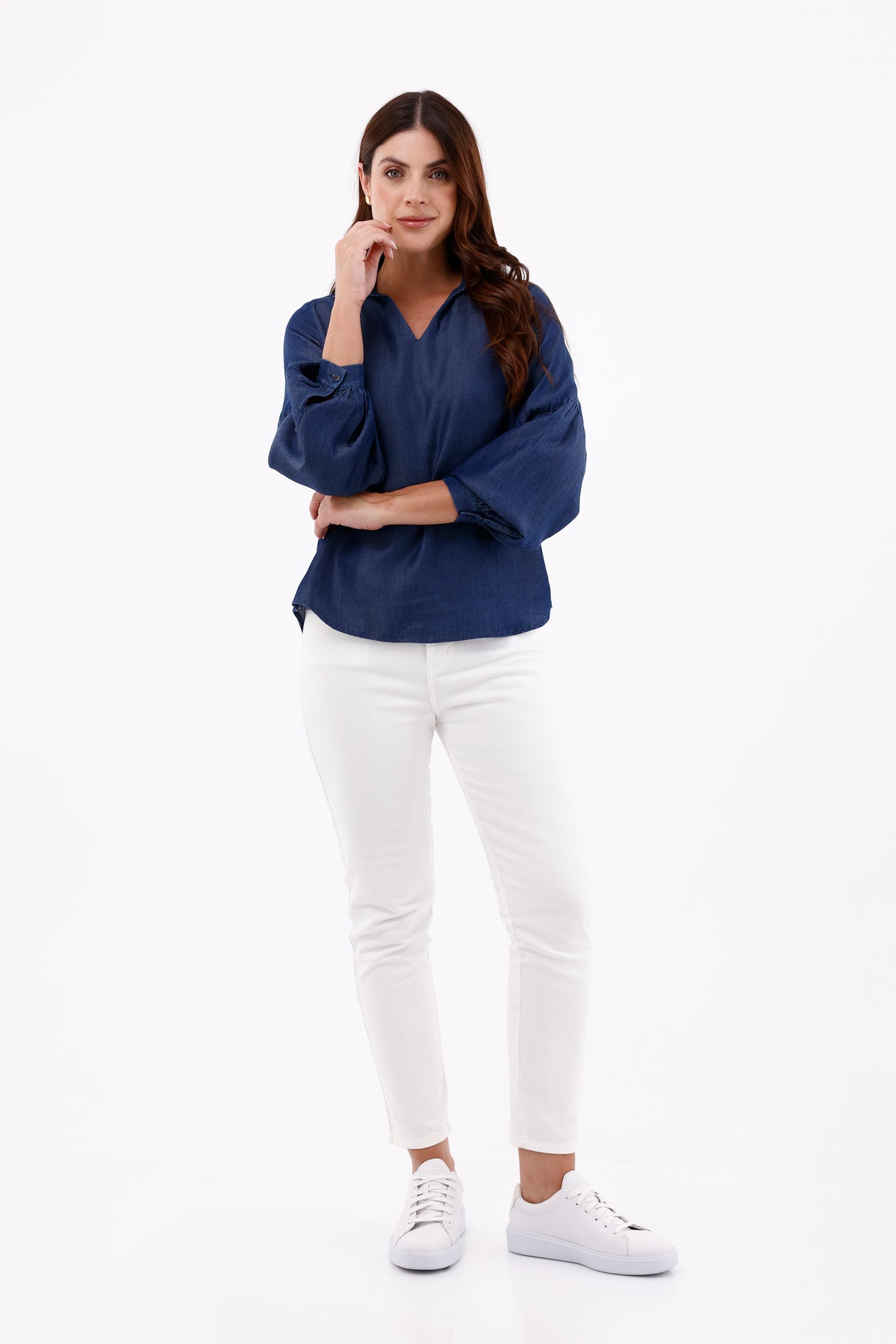 Blusa Manga Larga Bombacha Tencel Azul Oscuro Para Mujer