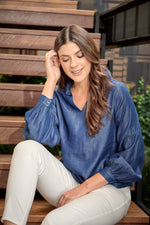 Blusa Manga Larga Bombacha Tencel Azul Oscuro Para Mujer