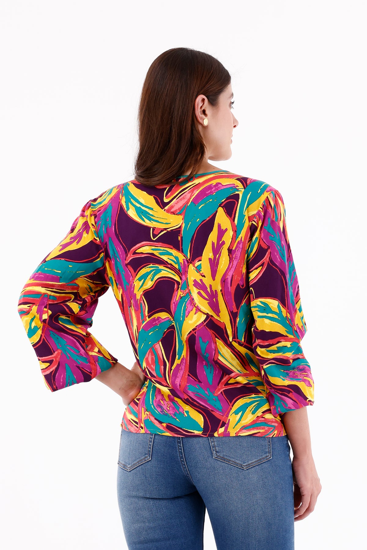 Blusa Manga Larga Cuello V Étnica Morado Para Mujer