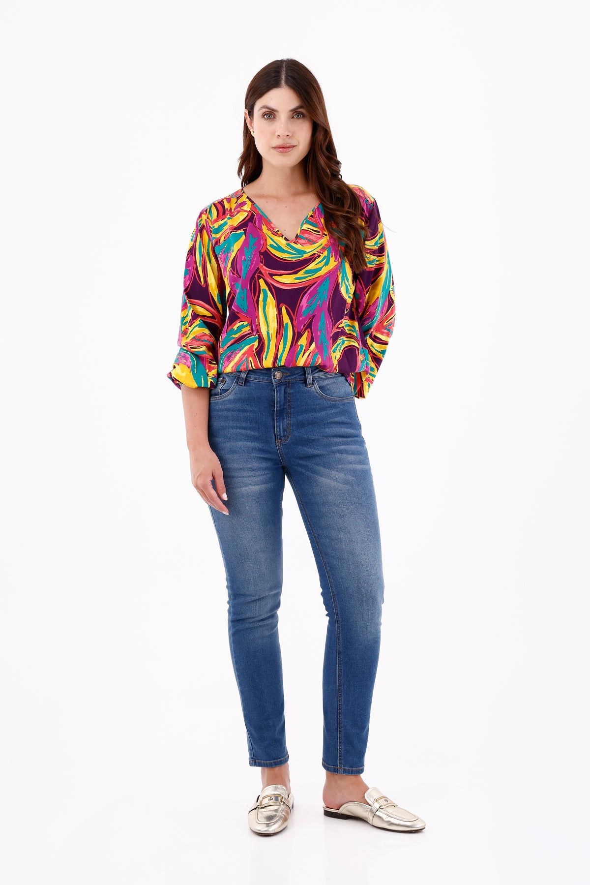 Blusa Manga Larga Cuello V Étnica Morado Para Mujer