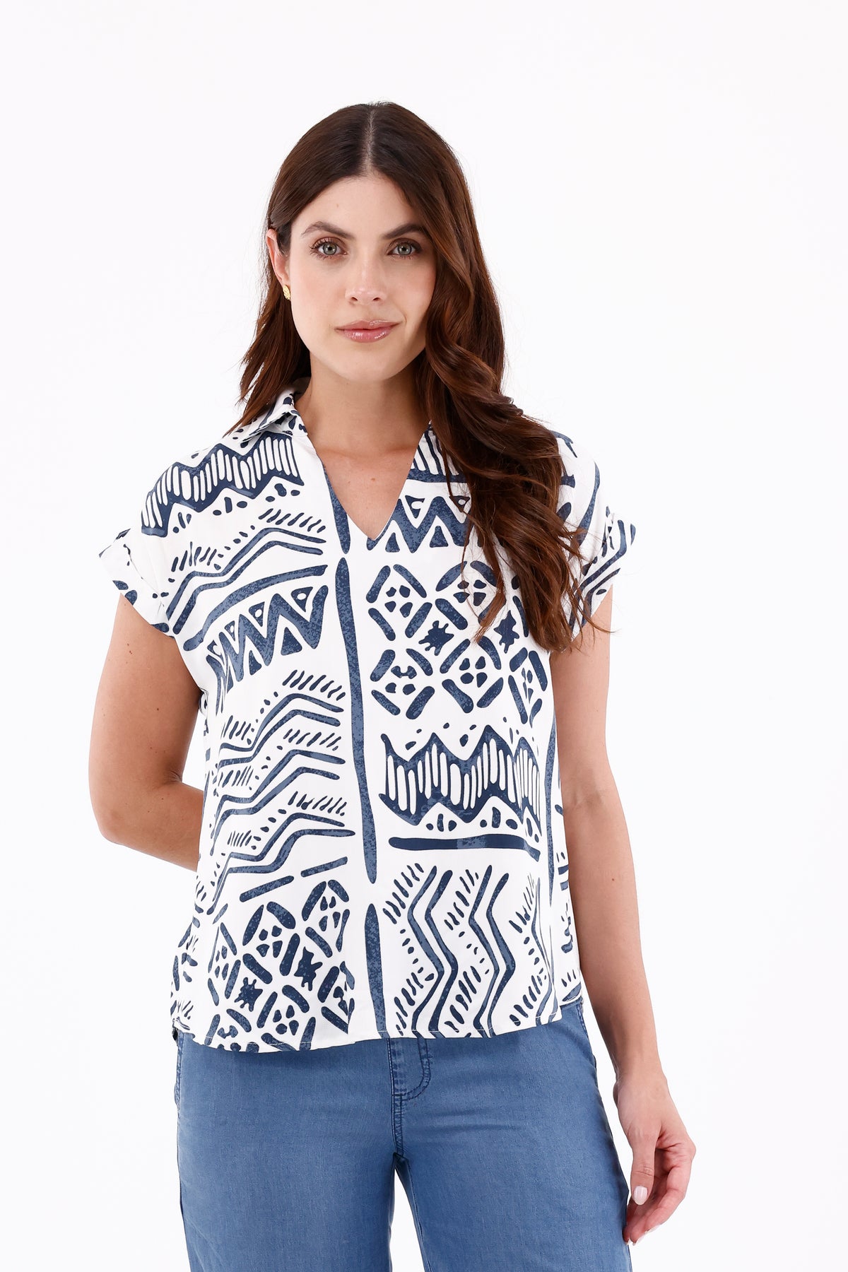 Blusa Manga Rodada Figuras Azul Navy Para Mujer