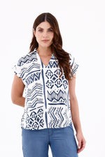 Blusa Manga Rodada Figuras Azul Navy Para Mujer