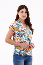 Blusa Manga Rodada Flores Hojas Naranja Para Mujer