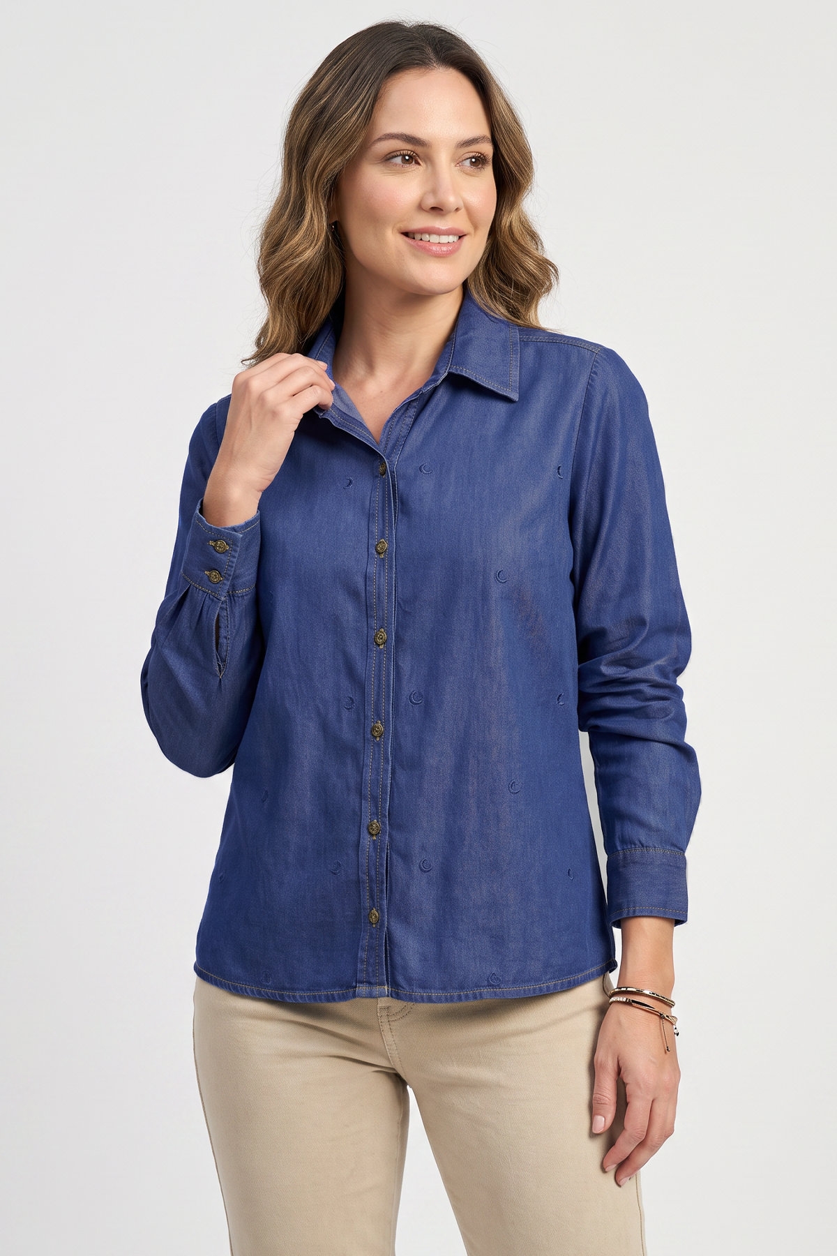 Blusa Manga Larga en Chambray Azul Oscuro para Mujer