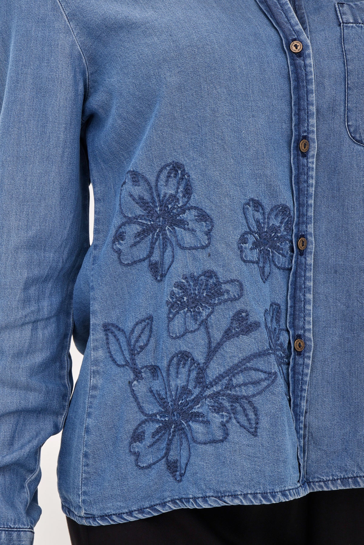 Blusa Manga Larga Bordada Flor Azul Medio