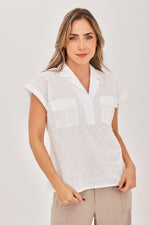 Blusa Media Perilla Bolsillos Motas Blanco