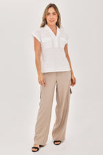 Blusa Media Perilla Bolsillos Motas Blanco