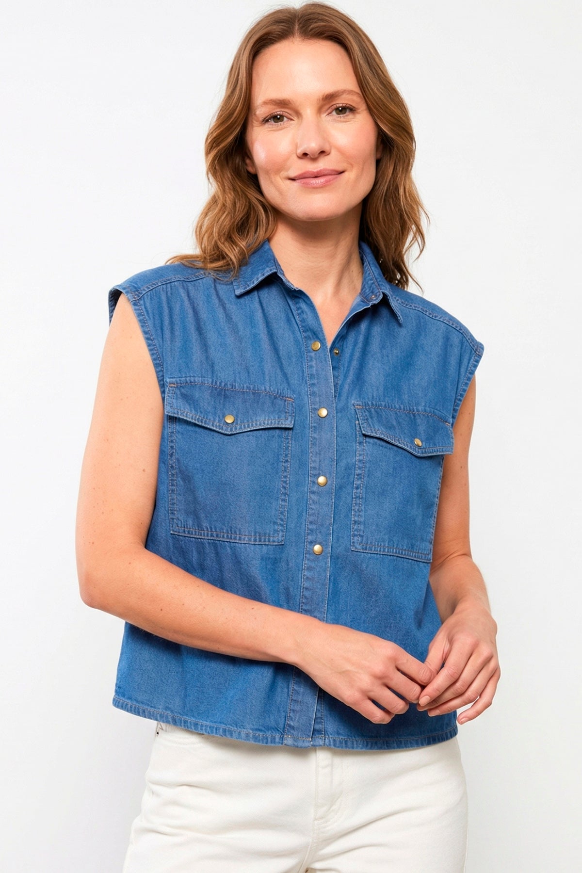 Blusa manga sisa con bolsillos en algodón mujer azul medio