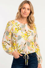 Blusa manga larga estampado hojas en rayón mujer amarillo